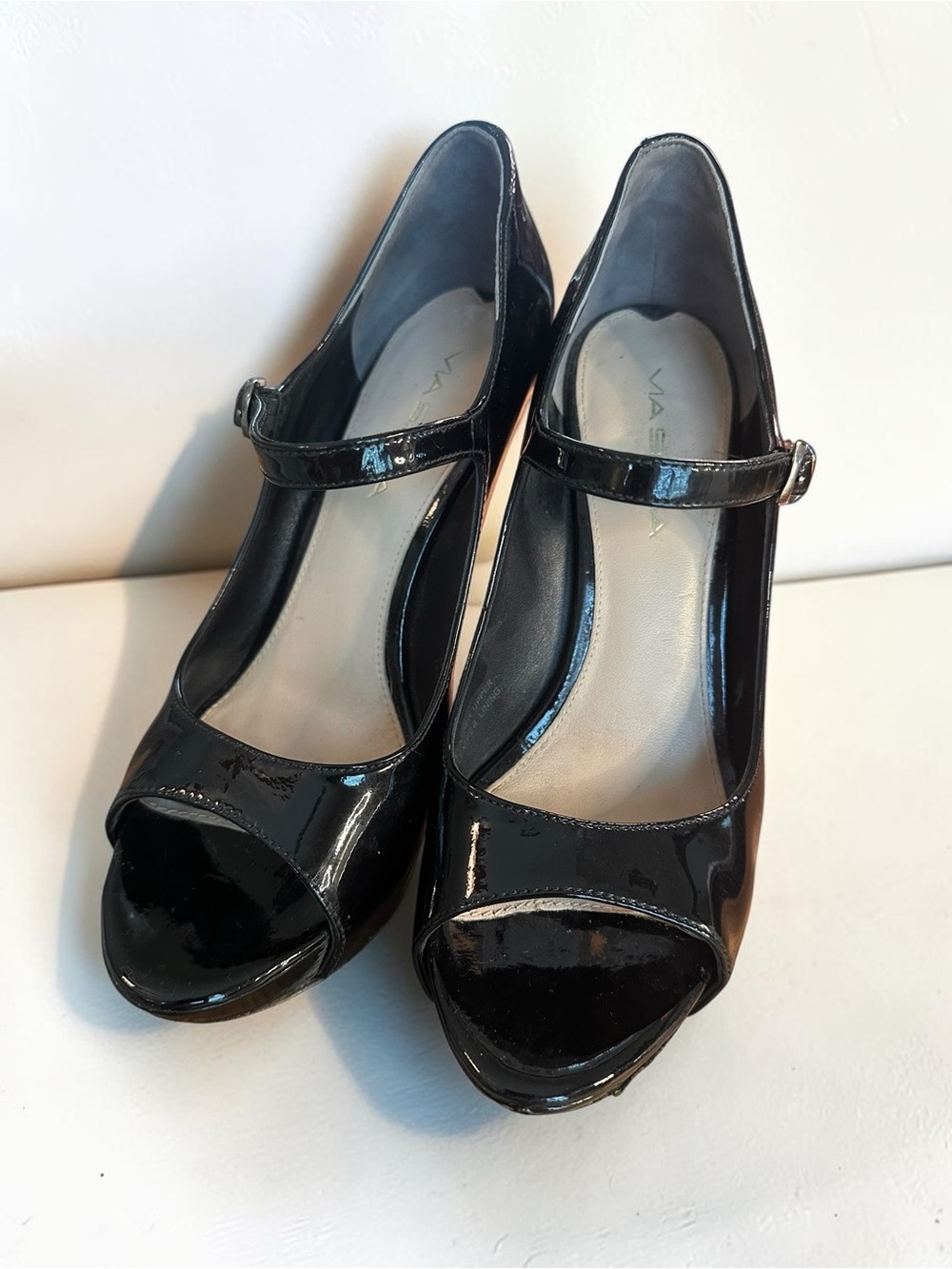 Via Spiga Black Patent Mary Jane Peep-Toe Pumps